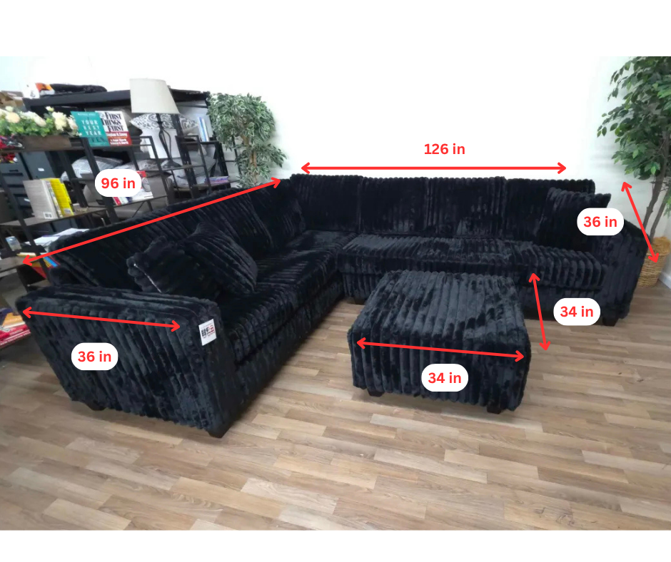 Camden 2-Piece Black Corduroy Fabric Sectional Sofa with Ottoman