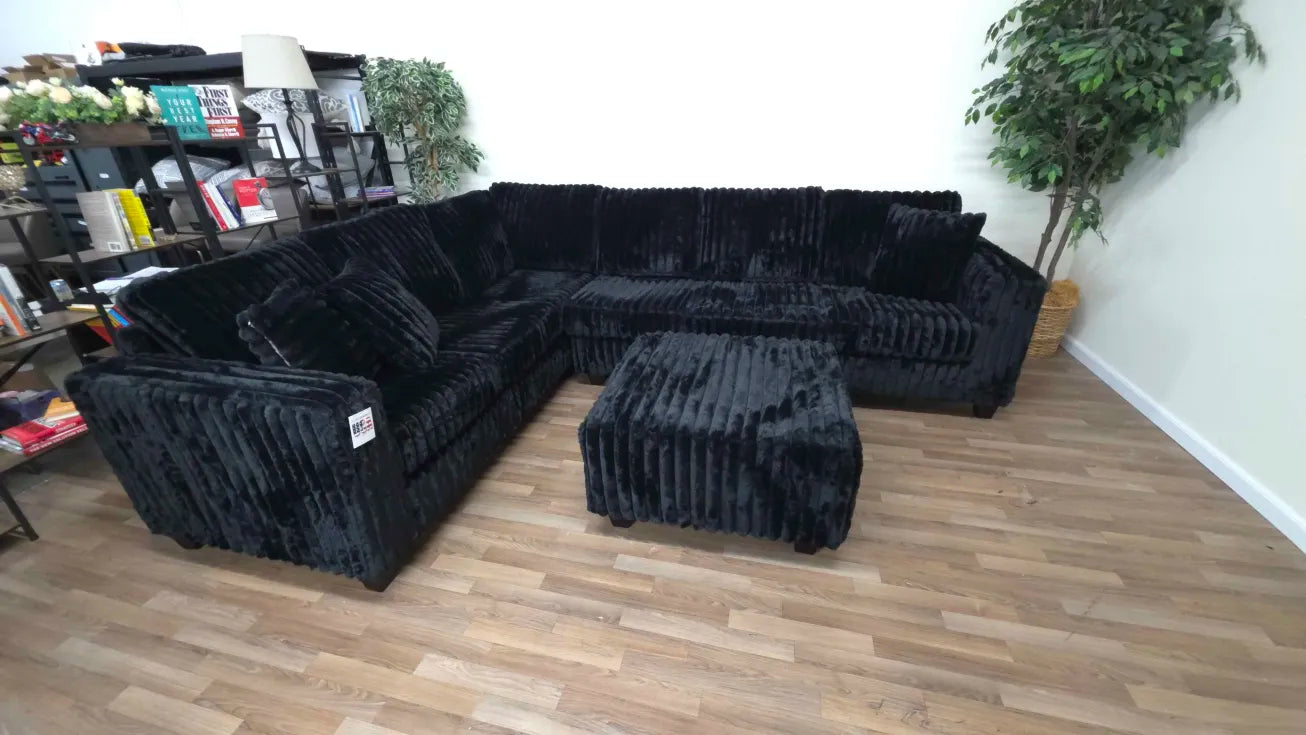 Camden 2-Piece Black Corduroy Fabric Sectional Sofa with Ottoman