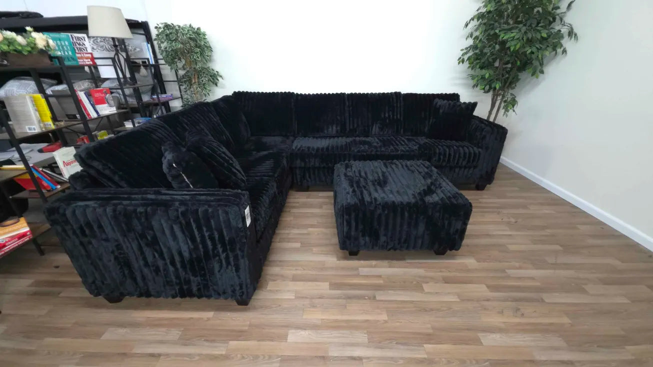 Camden 2-Piece Black Corduroy Fabric Sectional Sofa with Ottoman