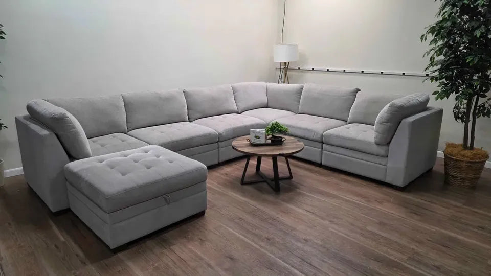 Thomasville Tisdale Modular Sectional Couch 7-piece Beige with Storage Ottoman