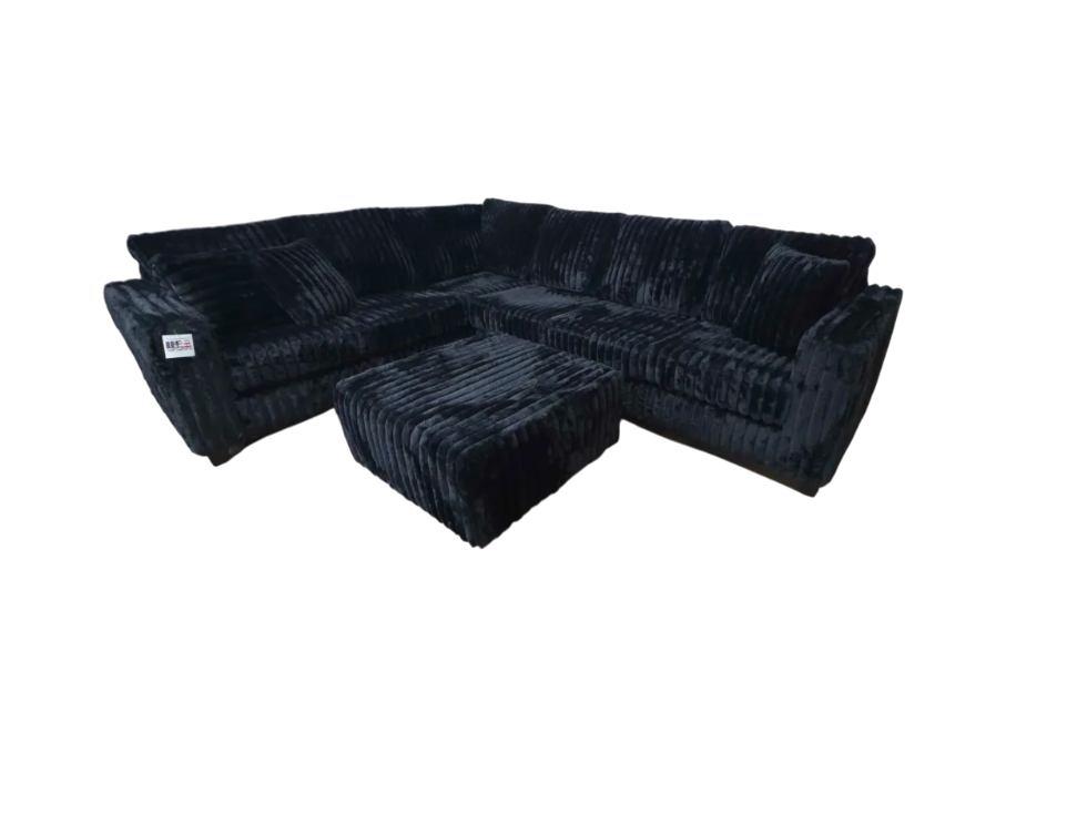 Camden 2-Piece Black Corduroy Fabric Sectional Sofa with Ottoman