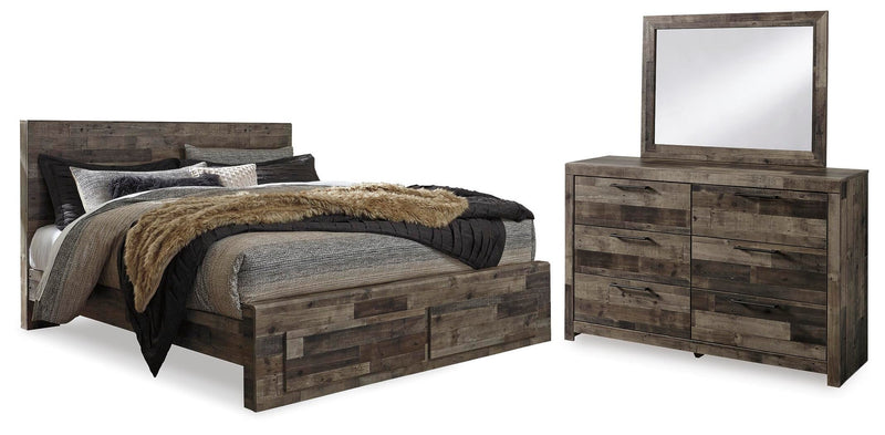 Derekson King Panel Bed with 2 Storage Drawers with Mirrored Dresser