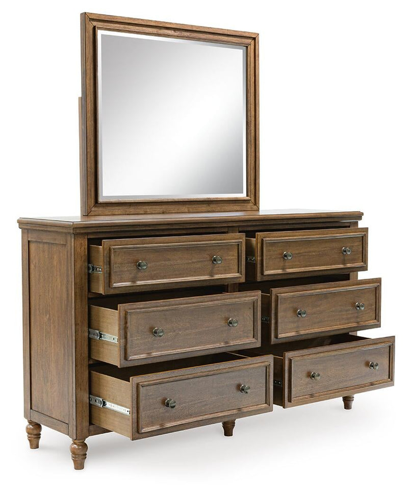 Sturlayne California King Upholstered Panel Bed, Dresser, Mirror and Nightstand