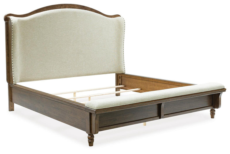 Sturlayne Queen Upholstered Panel Bed, Dresser, Mirror and Nightstand