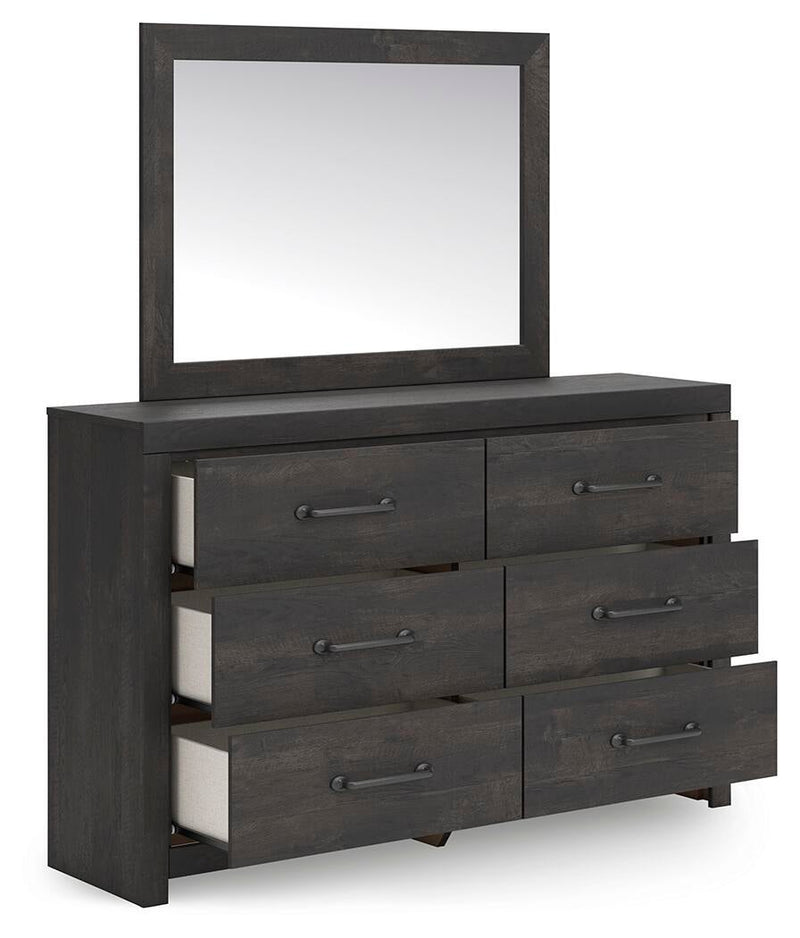 Delmorta Full Panel Storage Bed, Dresser and Mirror