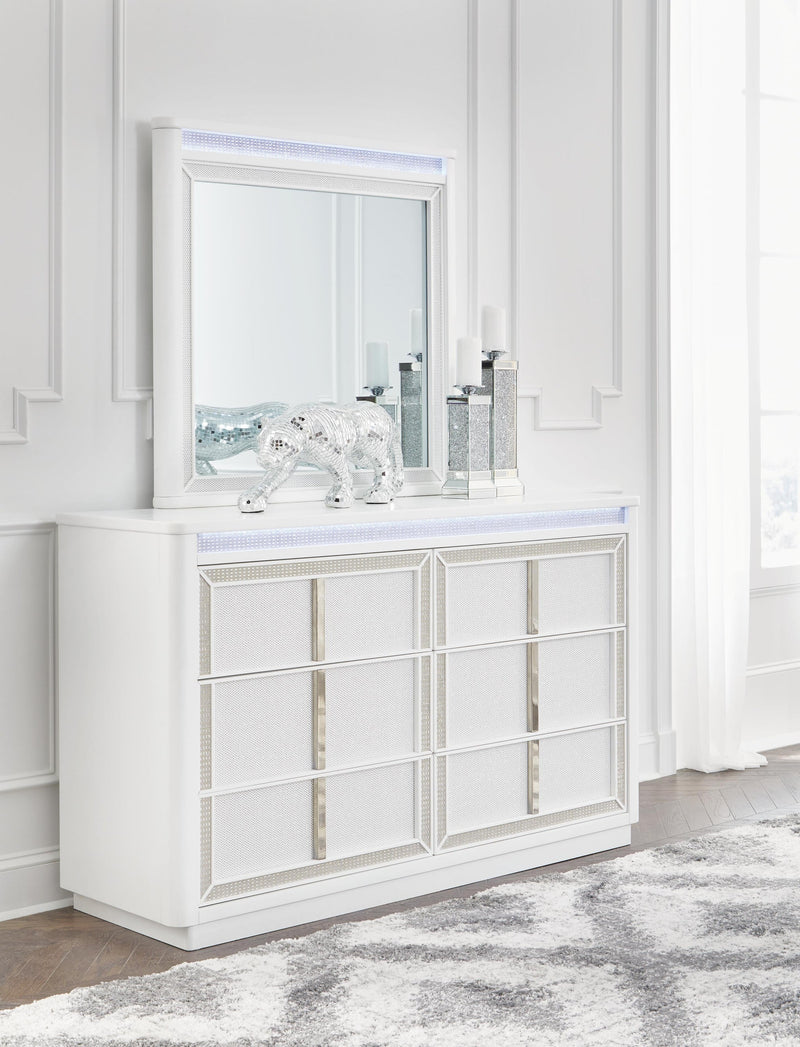 Chalanna King Upholstered Storage Bed, Dresser and Mirror