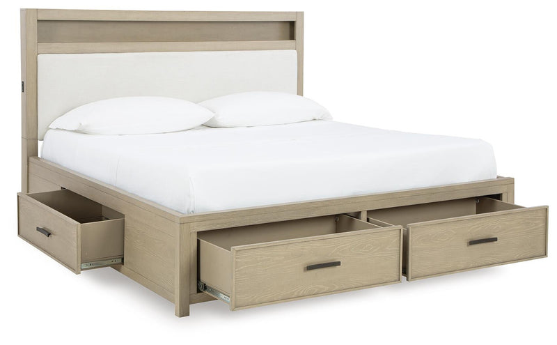 Calmoro Queen Bookcase Bed with Mirrored Dresser and Nightstand