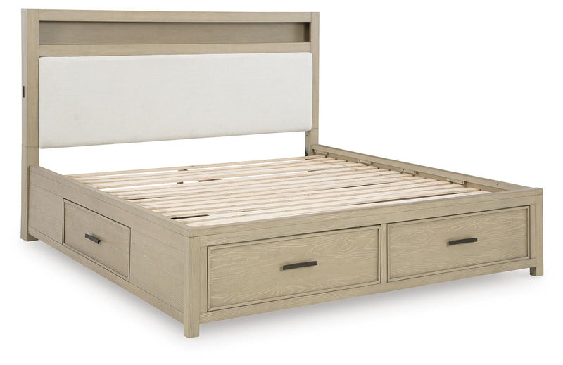 Calmoro Queen Bookcase Bed with Mirrored Dresser and Nightstand