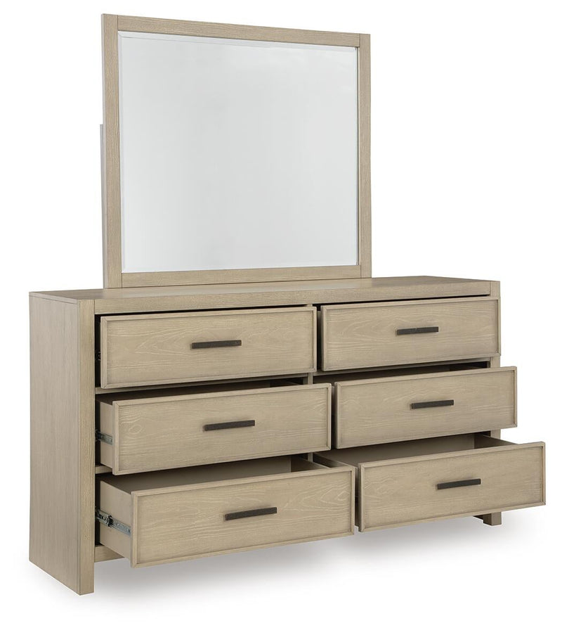 Calmoro King Bookcase Bed with Mirrored Dresser and Nightstand
