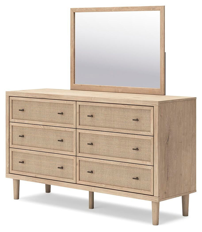 Cielden Queen Upholstered Bed with Roll Slats, Dresser, Mirror and Nightstand