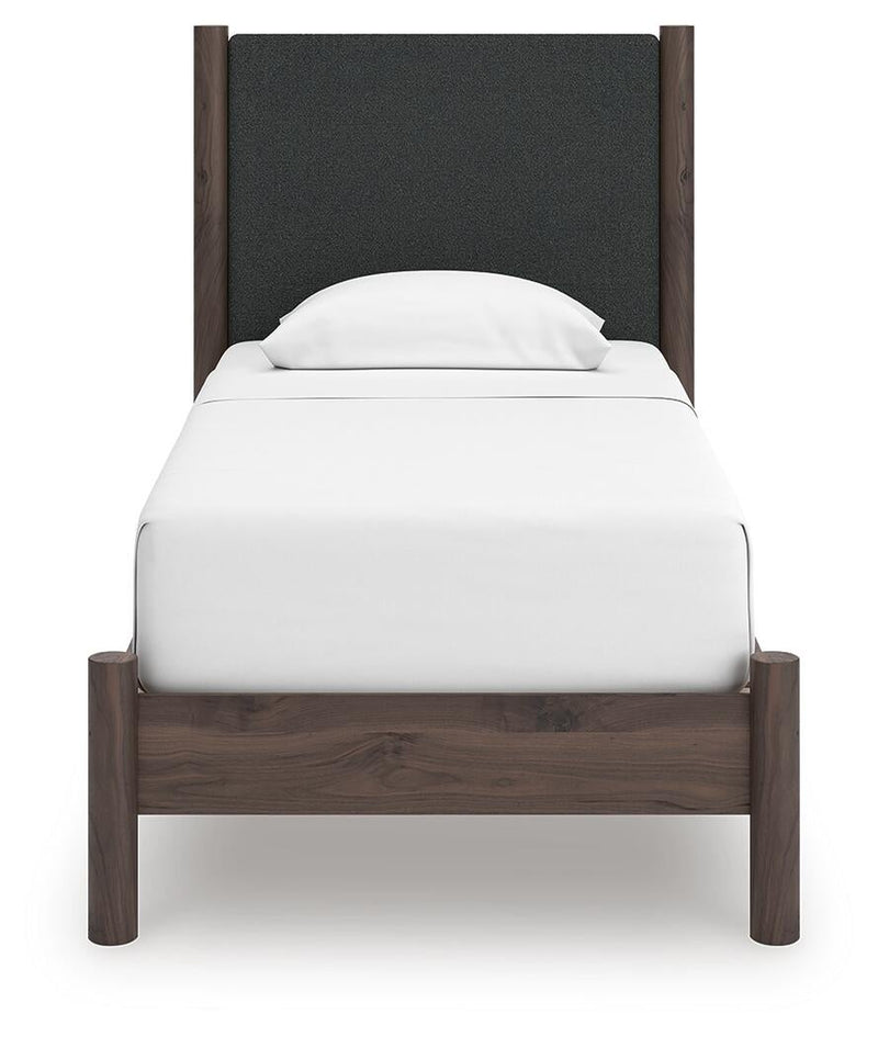 Cadmori Twin Upholstered Panel Platform Bed, Dresser and Mirror