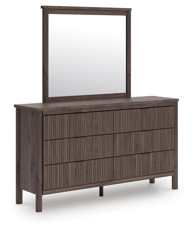 Cadmori King Upholstered Panel Bed, Dresser and Mirror