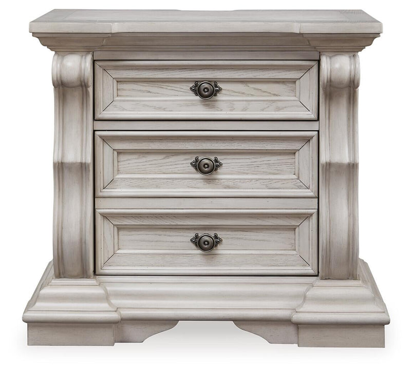 Andonhall California King Upholstered Panel Bed with Mirrored Dresser and Nightstand